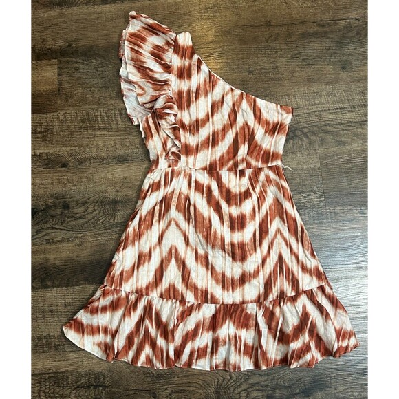 Banana Republic One Shoulder Dress Womens Size 4 Multi Linen‎ Ruffle Tie Waist - Picture 7 of 14
